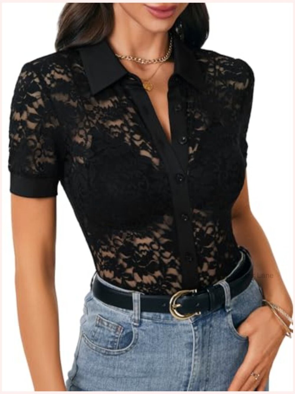 Lace Button Up Short Sleeve Blouse Sheer Collared Shirt Dressy Casual Top - Picture 3 of 7
